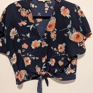Navy Floral Tie-Front Blouse